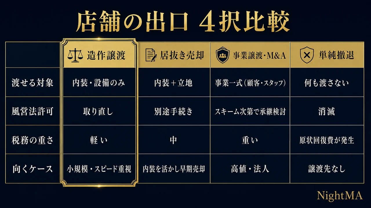 店舗の出口4択比較 造作譲渡は内装設備のみで風営法許可は取り直し税務は軽く小規模スピード重視向け 居抜き売却は内装と立地 事業譲渡M&Aは事業一式で高値法人向け 単純撤退は何も渡さず原状回復費が発生