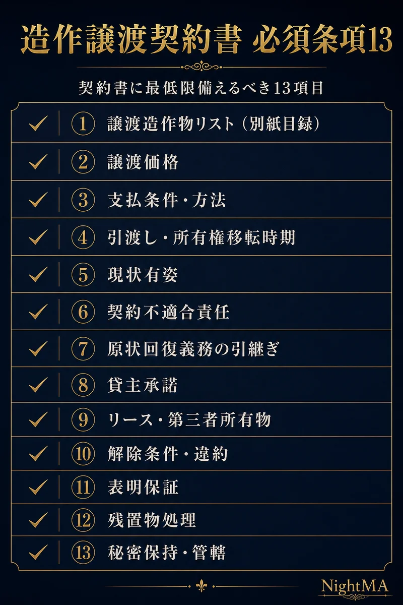 造作譲渡契約書の必須条項13 譲渡造作物リスト別紙目録 譲渡価格 支払条件 引渡し所有権移転時期 現状有姿 契約不適合責任 原状回復義務の引継ぎ 貸主承諾 リース第三者所有物 解除条件 表明保証 残置物処理 秘密保持管轄