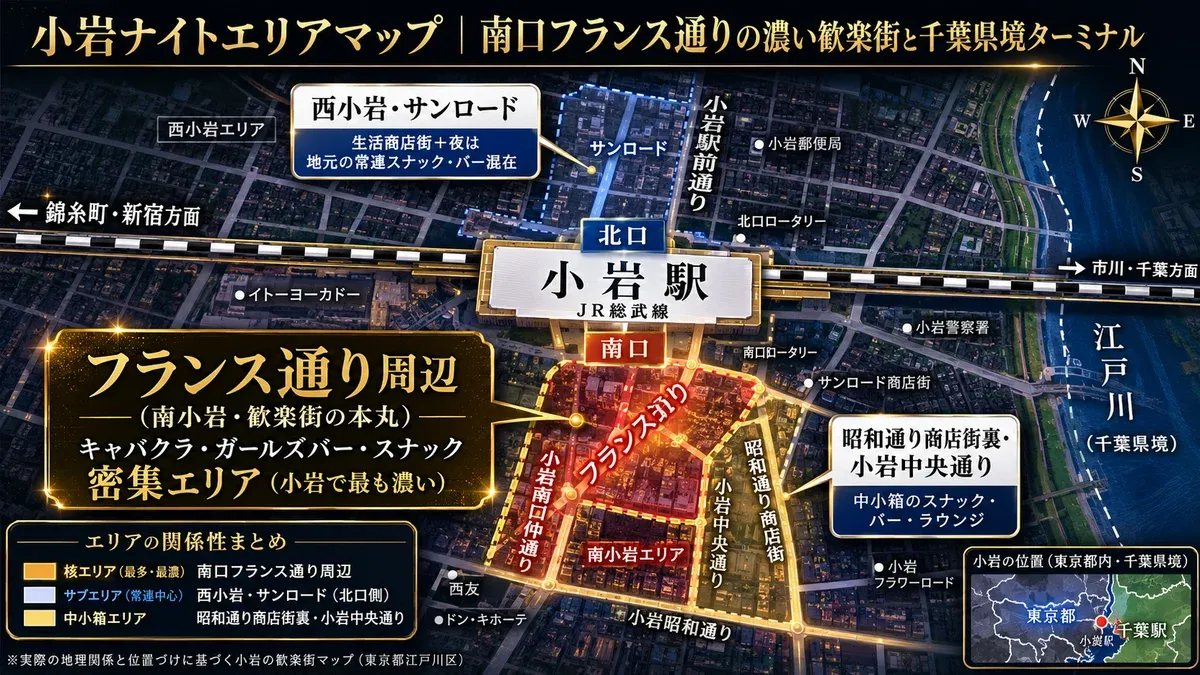 小岩ナイトエリアマップ 小岩は南口のフランス通りを核にキャバクラガールズバースナックが密集する都内屈指の濃い下町歓楽街で江戸川を渡れば千葉という県境の総武線ターミナル 中央に小岩駅 南口側にフランス通り周辺が歓楽街の本丸で南小岩のキャバクラガールズバースナックが路面から上階まで密集し居抜き流動性最高と昭和通り商店街裏小岩中央通りの中小箱のスナックバーラウンジ 北口側に西小岩サンロードで生活商店街と夜は地元の常連スナックバー混在 東に江戸川千葉県境で市川千葉方面 西に総武線で錦糸町新宿方面 フランス通りが歓楽の核