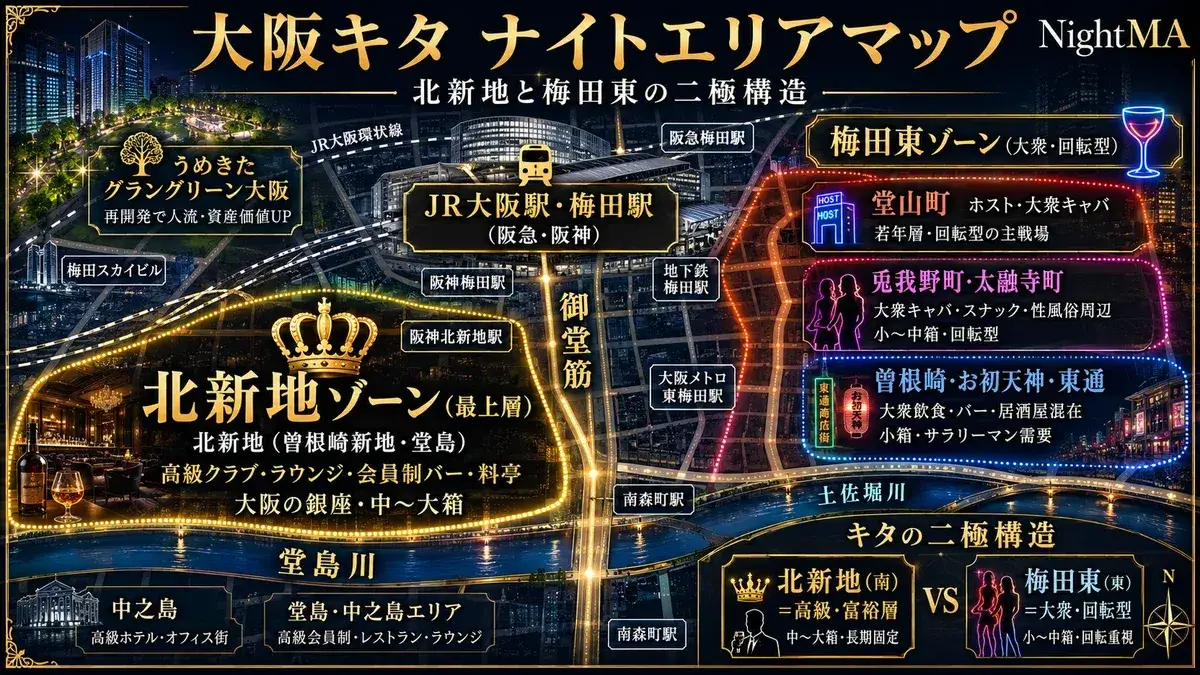 大阪キタのナイトエリアマップ 北新地と梅田東の二極構造 北西にうめきたグラングリーン大阪 中央北にJR大阪駅梅田駅 大阪駅の南で堂島川の北側に北新地ゾーン(曾根崎新地堂島)=高級クラブラウンジ会員制バー料亭の大阪の銀座中から大箱 梅田駅の東に梅田東ゾーン=堂山町がホスト大衆キャバ兎我野町太融寺町が大衆キャバスナック性風俗周辺曾根崎お初天神東通が大衆飲食の小から中箱回転型 御堂筋が南北 堂島川の南に中之島 北新地は客筋を売る街梅田東は回転を売る街
