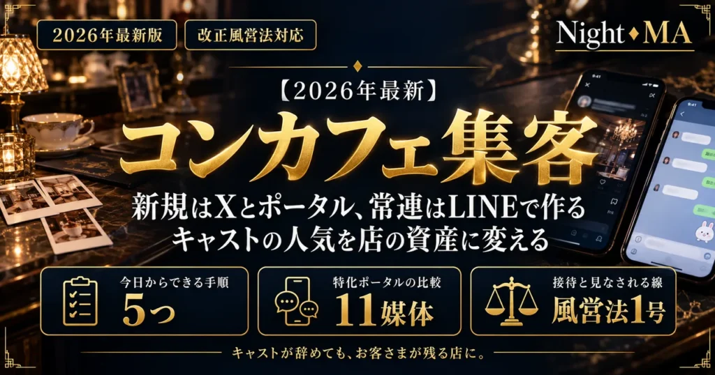 コンカフェの集客方法 新規はXとポータル 常連はLINEで作る キャストの人気を店の資産に変える 今日からできる手順5つ 特化ポータル11媒体 接待と見なされる線は風営法1号