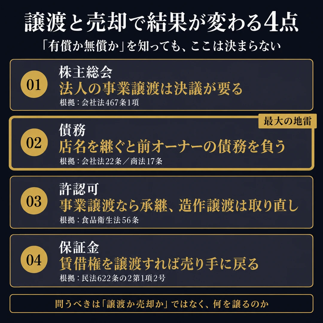 譲渡と売却で結果が変わる4点。株主総会の要否（会社法467条1項）、店名を継ぐと前オーナーの債務を負うこと（会社法22条・商法17条）、許認可の承継可否（食品衛生法56条）、保証金の帰属（民法622条の2第1項2号）（nightma）