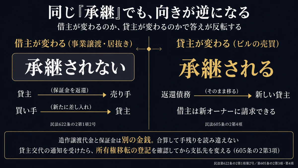 保証金は同じ承継でも向きが逆になる。借主が変わる事業譲渡や居抜きでは承継されず売り手に返還され買い手が新たに差し入れるが、貸主が変わるビルの売買では返還債務が新しい貸主に承継される（nightma）